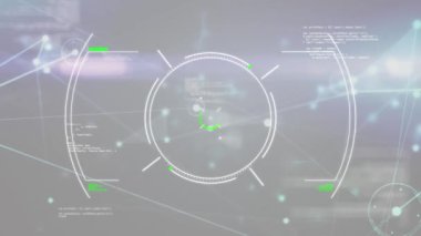 Çemberlerin animasyonu ve bilgisayar dilinde soyut arkaplan ile bağlantılı noktalar. Dijital olarak üretilmiş, hologram, illüstrasyon, iletişim, kodlama ve teknoloji kavramı.