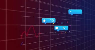 Mor gradyan arka planda sosyal medya simgelerinin canlandırılması ve istatistiksel veri işleme. Bilgisayar arayüzü ve iş veri teknolojisi kavramı