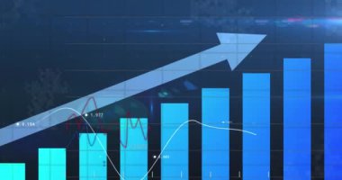 Mavi arka planda istatistiksel veri işleme animasyonu. Bilgisayar arayüzü ve iş veri teknolojisi kavramı