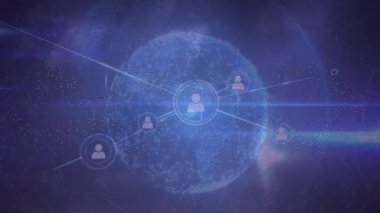 Profil simgelerinin, ışık yollarının ve mavi arkaplandaki kürenin animasyonu. Küresel ağ ve iş teknolojisi kavramı