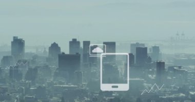 Şehir manzarasının havadan görüntüsüne karşı istatistiksel veri işleme animasyonu. Bilgisayar arayüzü ve iş veri teknolojisi kavramı