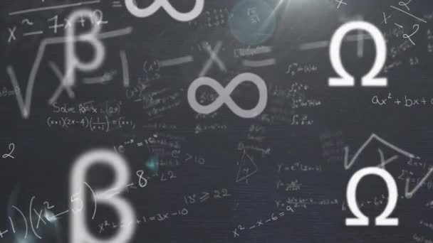 Animação Equações Matemáticas Símbolos Flutuando Contra Pontos Luz Sobre Fundo — Vídeo de Stock