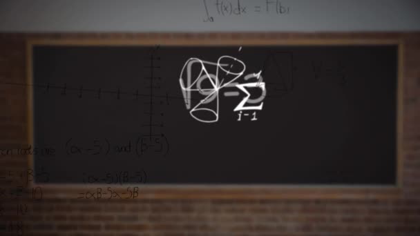 Анимация Математических Уравнений Диаграмм Плавающих Против Черной Доски Кирпичной Стене — стоковое видео