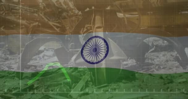 Анимация Размахивания Индийским Флагом Против Крепления Когтей Гидравлической Подъемной Машины — стоковое видео