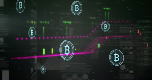 Animasi Simbol Bitcoin Terhadap Pemrosesan Data Keuangan Dan Statistik Terhadap — Stok Video