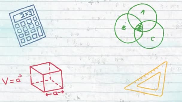 Анімація Піктограм Концепції Геометрії Математичних Рівнянь Фоні Білого Вишитого Паперу — стокове відео