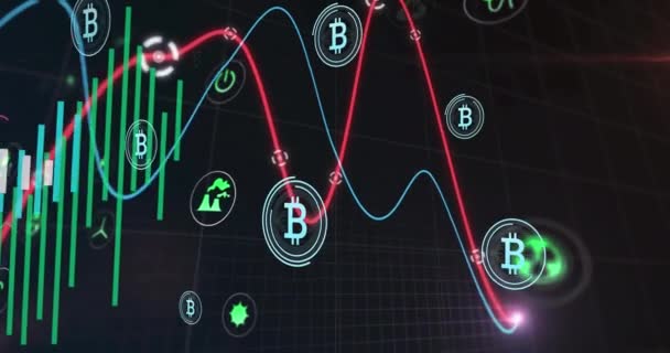 Animação Ícones Digitais Símbolos Bitcoin Contra Processamento Dados Fundo Preto — Vídeo de Stock
