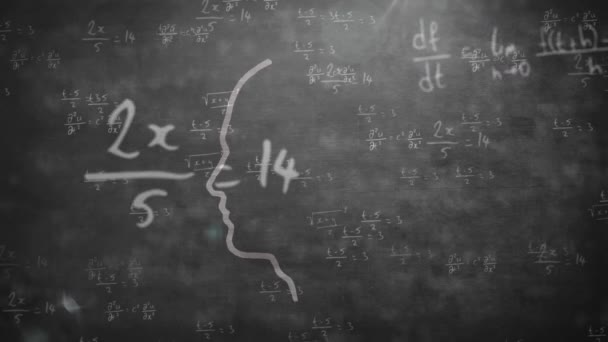 灰色の背景に人間の頭のアイコンの中の球に浮かぶ数学方程式のアニメーション 教育理念 — ストック動画