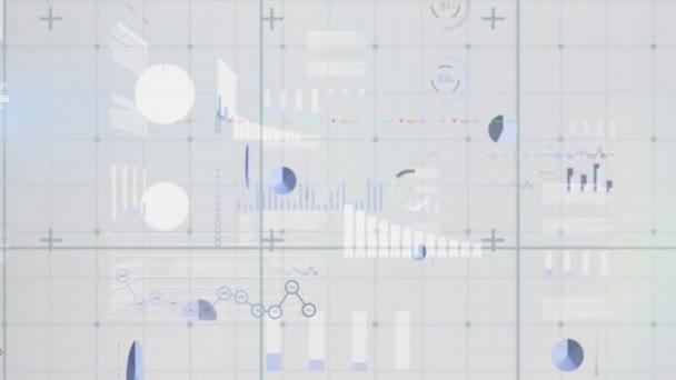 Animatie Van Rasterpatroon Meerdere Grafieken Wisselende Getallen Belastingcirkel Digitaal Gegenereerd — Stockvideo