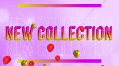 Kırmızı ve altın balonların mor arkaplana karşı yeni koleksiyon metinlerinin üzerinde canlandırılması. Dijital olarak üretilmiş, hologram, illüstrasyon, parti, hisse senedi, birikim, soyut ve kutlama konsepti.