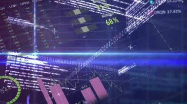 Animation of statistical and stock market data processing against light trails on blue background. Global economy and business data technology concept