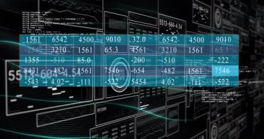 Animation of interface with data processing against black background. Computer interface and business technology concept