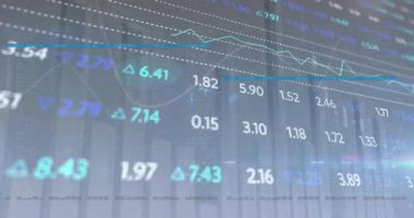 Mavi arka planda istatistiksel ve borsa veri işleme animasyonu. Küresel ekonomi ve iş veri teknolojisi kavramı