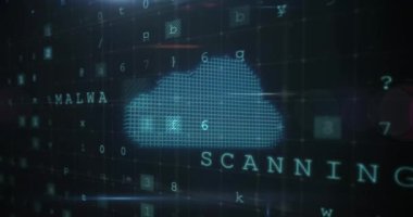 Siber güvenlik veri işleme animasyonu ve siyah arkaplandaki ışık noktasına karşı ikonlar. Siber güvenlik ve iş teknolojisi kavramı