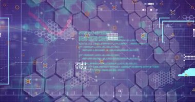 Mavi arkaplandaki altıgen şekillere karşı profil simgelerinin ve veri işlemenin animasyonu. Küresel ağ ve iş teknolojisi kavramı