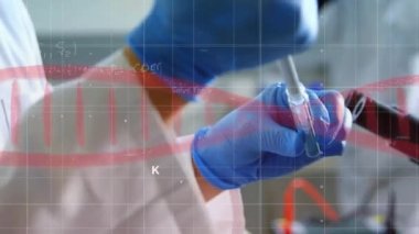 Veri işleme animasyonu, laboratuarda çalışan kadın bilim adamının orta bölümündeki DNA yapısı. Tıbbi araştırma ve bilim teknolojisi kavramı