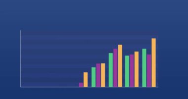 Mavi arka planda istatistiksel veri işleme animasyonu. Bilgisayar arayüzü ve iş veri teknolojisi kavramı