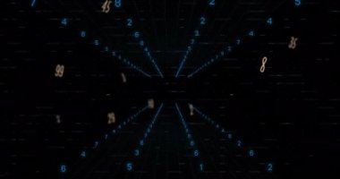 Finansal veri işleme sisteminde yüzen rakamların ve alfabelerin animasyonu. Küresel finans ve iş teknolojisi kavramı