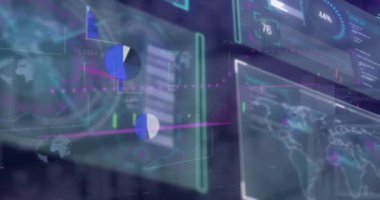 Mor arka planda finansal veri işleme arayüzü animasyonu. Küresel finans ve iş arayüzü teknolojisi kavramı