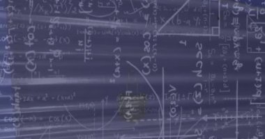 Matematiksel denklemlerin animasyonu ve mavi arkaplana karşı veri işleme. Bilgisayar arayüzü ve iş teknolojisi kavramı