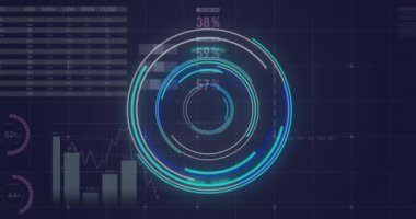 Yuvarlak tarayıcının animasyonu ve mavi arkaplan ile istatistiksel veri işleme. Bilgisayar arayüzü ve iş veri teknolojisi kavramı