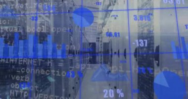 Animation of statistical data processing over grid network against computer server room. Business data storage technology concept