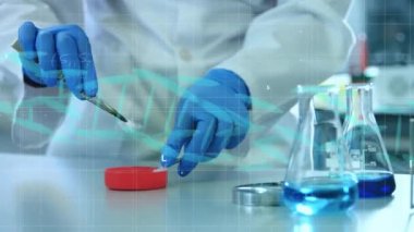 Veri işleme animasyonu, laboratuarda çalışan kadın bilim adamının orta bölümündeki DNA yapısı. Tıbbi araştırma ve bilim teknolojisi kavramı