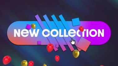 Yeni koleksiyon metni ve soyut arkaplan üzerindeki kırmızı ve altın balonların animasyonu. Dijital olarak üretilmiş, hologram, illüstrasyon, reklam, parti ve kutlama konsepti.