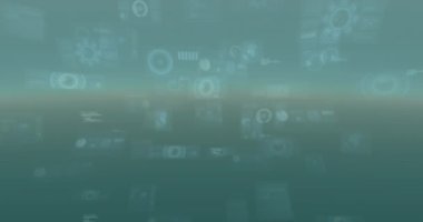 Gri arkaplandaki yuvarlak tarayıcıların ve veri işlemlerinin animasyonu. Bilgisayar arayüzü ve iş teknolojisi kavramı