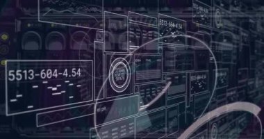 Yuvarlak tarayıcının animasyonu ve bir bilgisayar sunucusunun kapatılmasıyla veri işleme arayüzü. Bilgisayar arayüzü ve iş veri depolama teknolojisi kavramı