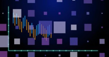 Mavi arka planda istatistiksel veri işleme ve kare şekillerin animasyonu. Bilgisayar arayüzü ve iş veri teknolojisi kavramı