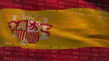 Siyah arka planda sallanan İspanya bayrağı üzerinden ticaret kurulunun animasyonu. Dijital olarak üretilen hologram, illüstrasyon, borsa, özgürlük, soyut ve vatanseverlik kavramı.