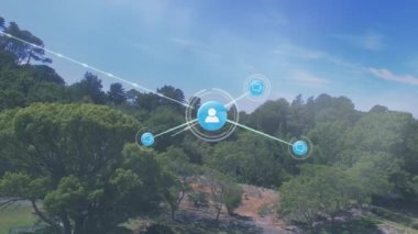 Yeşil alandaki ağaçların ve bulutlu gökyüzünün hava manzarası üzerindeki çizgilerle bağlı ikonların canlandırılması. dijital kompozit, çoklu pozlama, iletişim, doğa, dron ve teknoloji kavramı.