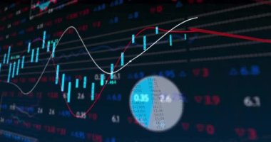 Animation of statistical and stock market data processing against blue background. Global economy and business data technology concept
