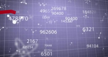 İstatistiksel veri işleme animasyonu, değişen sayı, mor arkaplandaki moleküler yapılar. Bilgisayar arayüzü ve iş veri teknolojisi kavramı