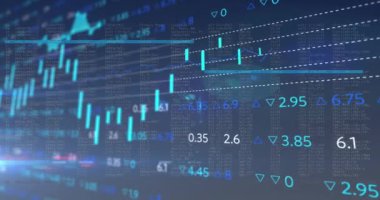 Animation of statistical and stock market data processing against blue background. Global economy and business data technology concept