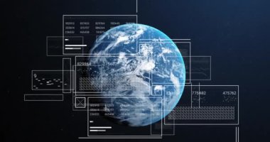 Mavi arka planda dönen dünya üzerinde veri işleme arayüzü animasyonu. Küresel ağ ve iş teknolojisi kavramı