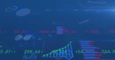 Mavi arka planda istatistiksel veri işleme ve ışık noktası animasyonu. Bilgisayar arayüzü ve iş veri teknolojisi kavramı