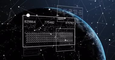 Veri işleme ile arayüzün animasyonu ve dönen küreye karşı bağlantı ağı. Küresel ağ ve iş teknolojisi kavramı