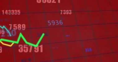 Kırmızı zemin üzerinde istatistiksel veri işleme ve değişen numaraların animasyonu. Bilgisayar arayüzü ve iş veri teknolojisi kavramı