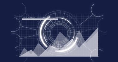 Yuvarlak tarayıcı ile arayüzün canlandırılması ve mavi arkaplan ile veri işleme. Bilgisayar arayüzü ve iş teknolojisi kavramı