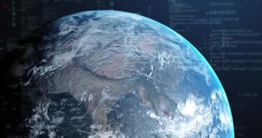 Mavi arka planda veri işleme ve dönen dünyanın animasyonu. Küresel ağ ve iş teknolojisi kavramı