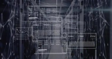 Veri işleme ve bilgisayar sunucu odası ile bağlantı ağının animasyonu. Bilgisayar arayüzü ve iş veri depolama teknolojisi kavramı