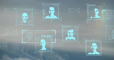 Mavi gökyüzündeki bulutlara karşı çoklu profil simgelerinin animasyonu. Küresel ağ ve iş teknolojisi kavramı