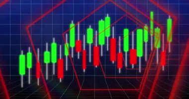 Mavi arkaplandaki istatistiksel veri işleme üzerinden semaless desenli beşgen şekillerinin animasyonu. Bilgisayar arayüzü ve iş veri teknolojisi kavramı