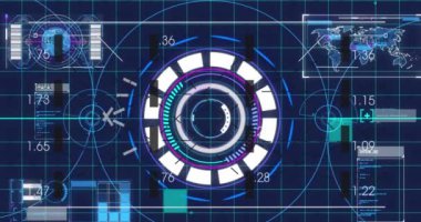 Yuvarlak tarayıcı ile arayüzün canlandırılması ve mavi arkaplan ile veri işleme. Bilgisayar arayüzü ve iş teknolojisi kavramı