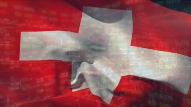 Arka plandaki ticaret kuruluna parmaklıkların üzerinden el sallayan ulusal bayrak animasyonu. Dijital olarak üretilen hologram, illüstrasyon, borsa, özgürlük, soyut ve vatanseverlik kavramı.