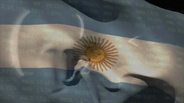 Animação Símbolos Números Sobre Bandeira Argentina Contra Placa Comércio Segundo — Vídeo de Stock