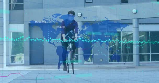 Animation Graphs Numbers Map Asian Man Wearing Mask Riding Bicycle — Stock Video