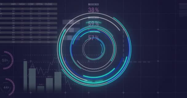 Animação Scanner Redondo Processamento Dados Estatísticos Contra Fundo Azul Interface — Vídeo de Stock